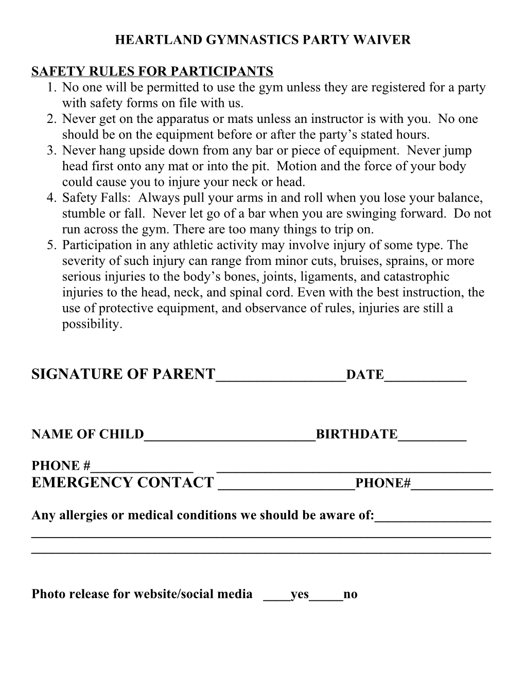 Heartland Athletic Club Party Waiver