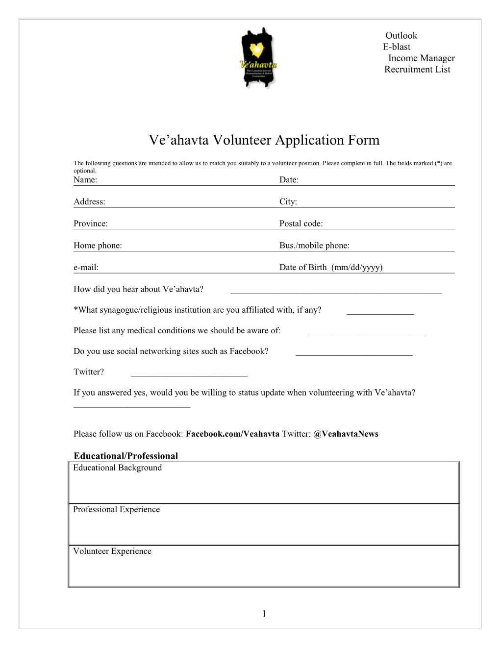 Ve Ahavta Volunteer Application Form