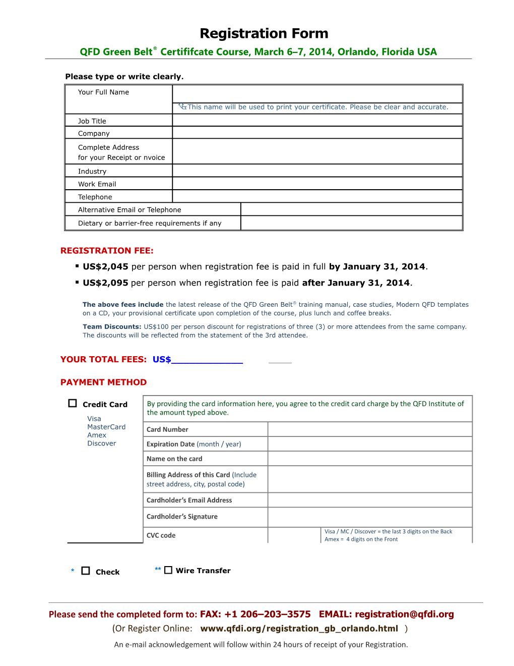 QFD Green Belt(R) Certificate Course REGISTRATION FORM