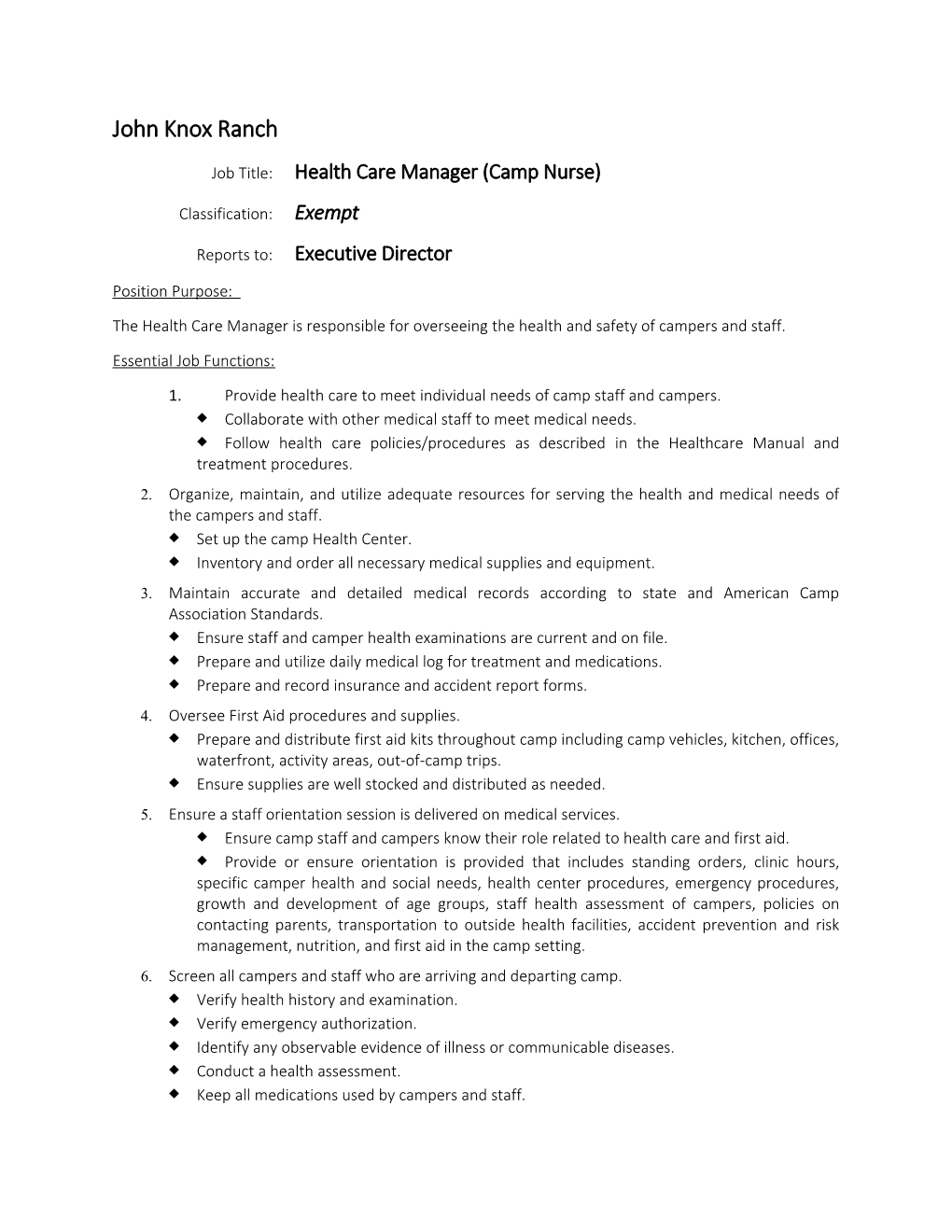 Job Title: Health Care Manager (Camp Nurse)