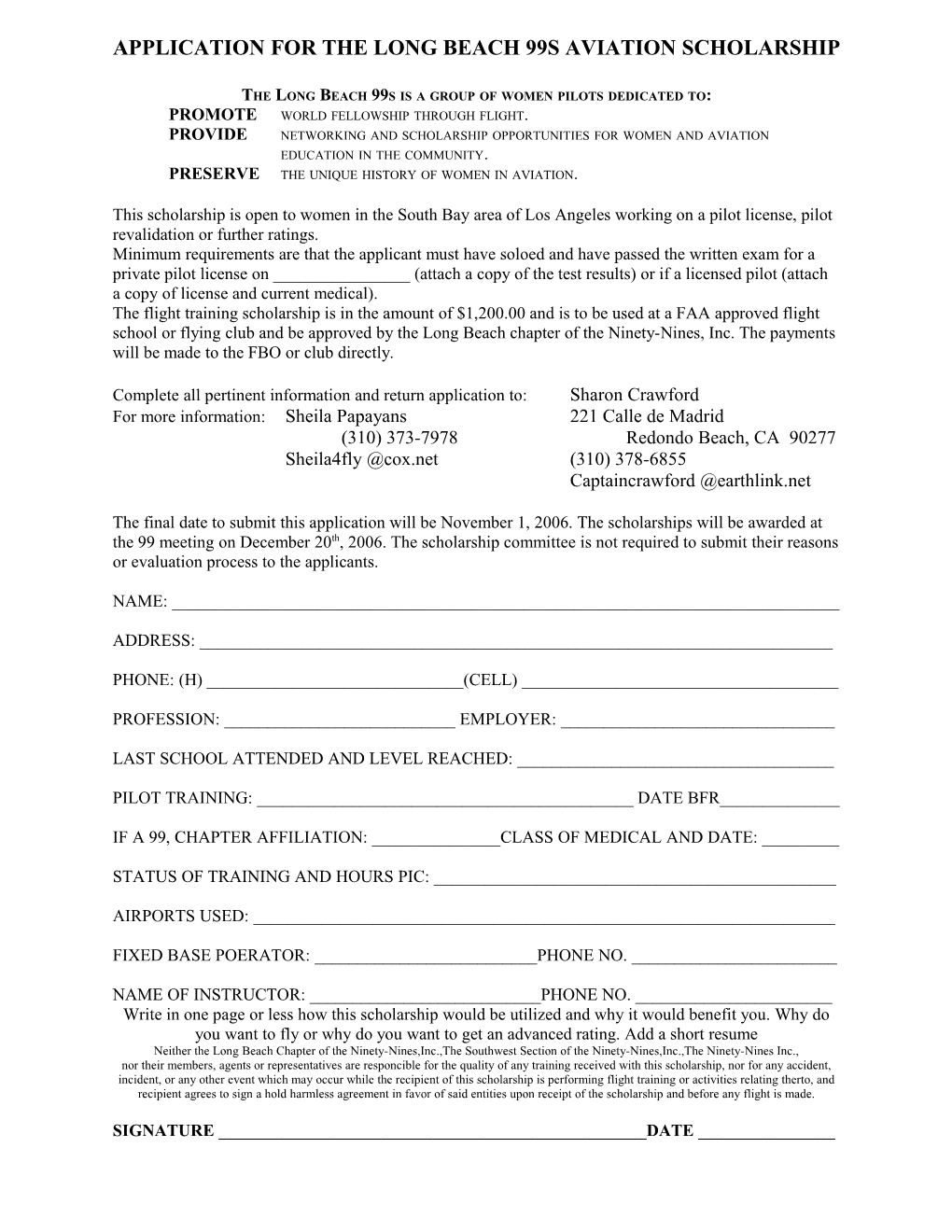 Application for the Long Beach 99S Aviation Scholarship