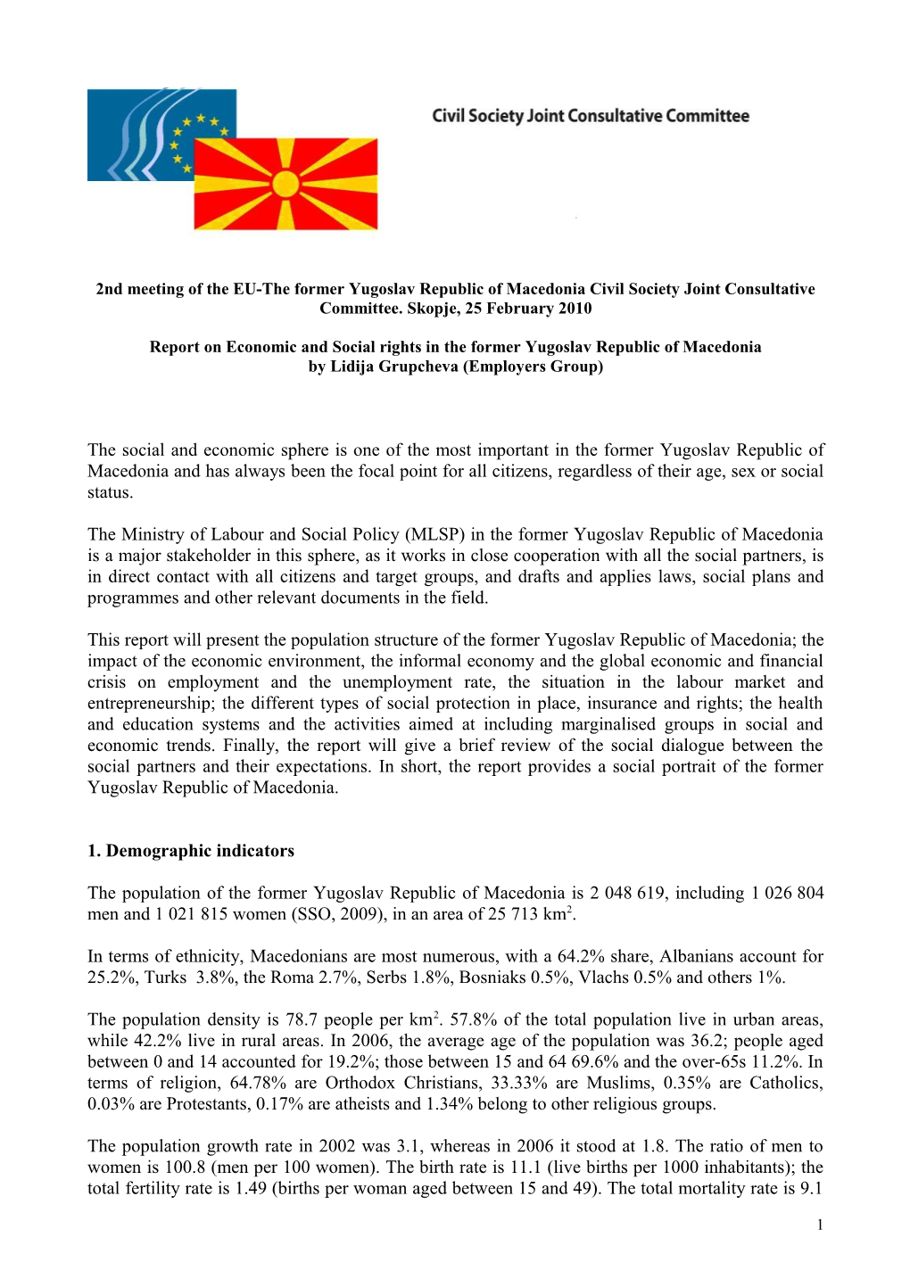 Report on Economic and Social Rights in the Former Yugoslav Republic of Macedonia