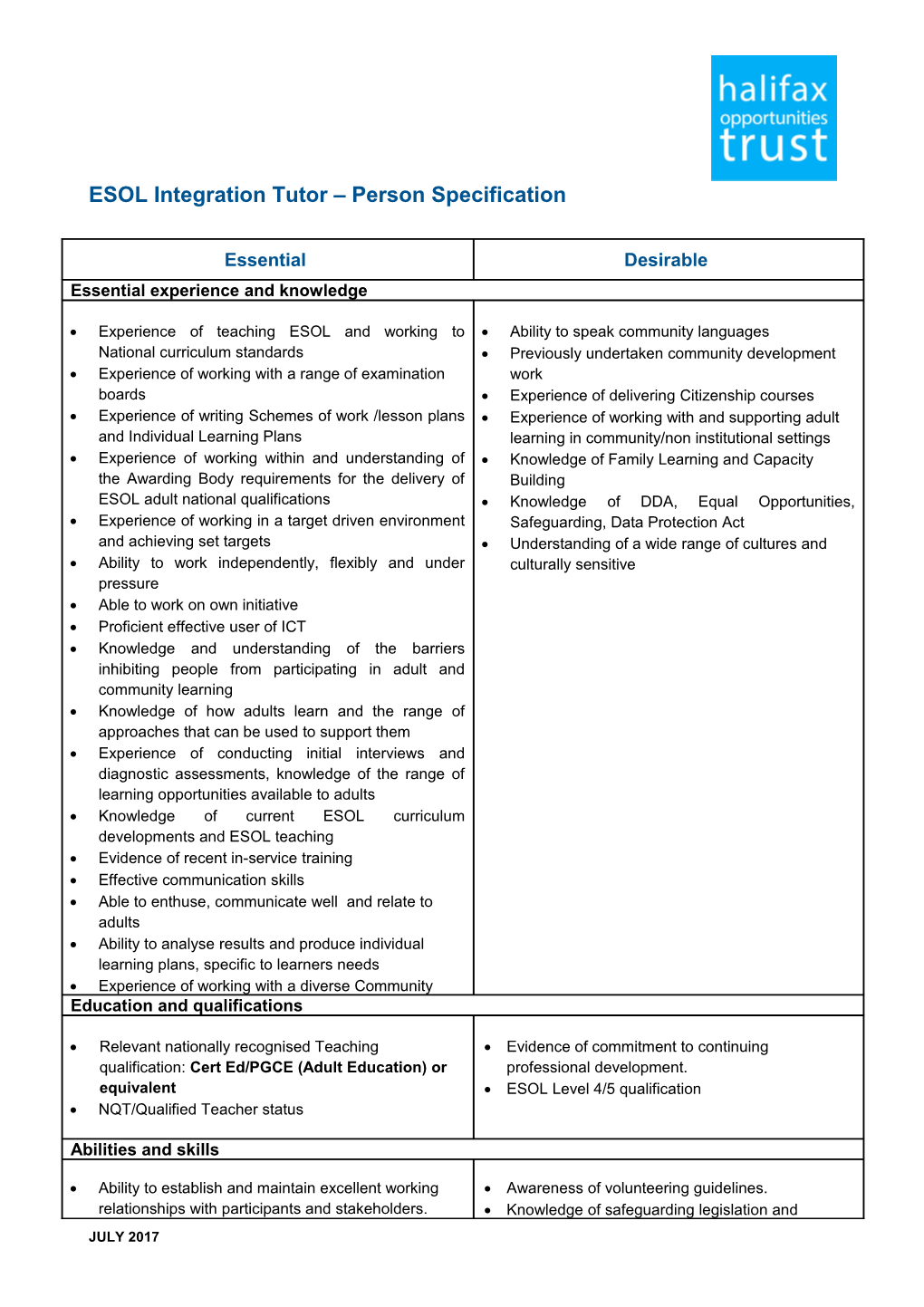 ESOL Integration Tutor Person Specification