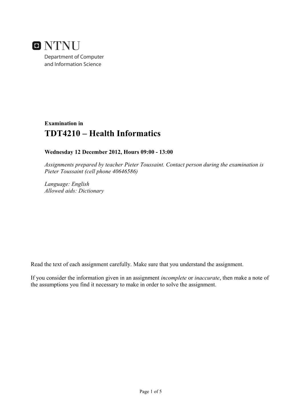 TDT4210 Health Informatics