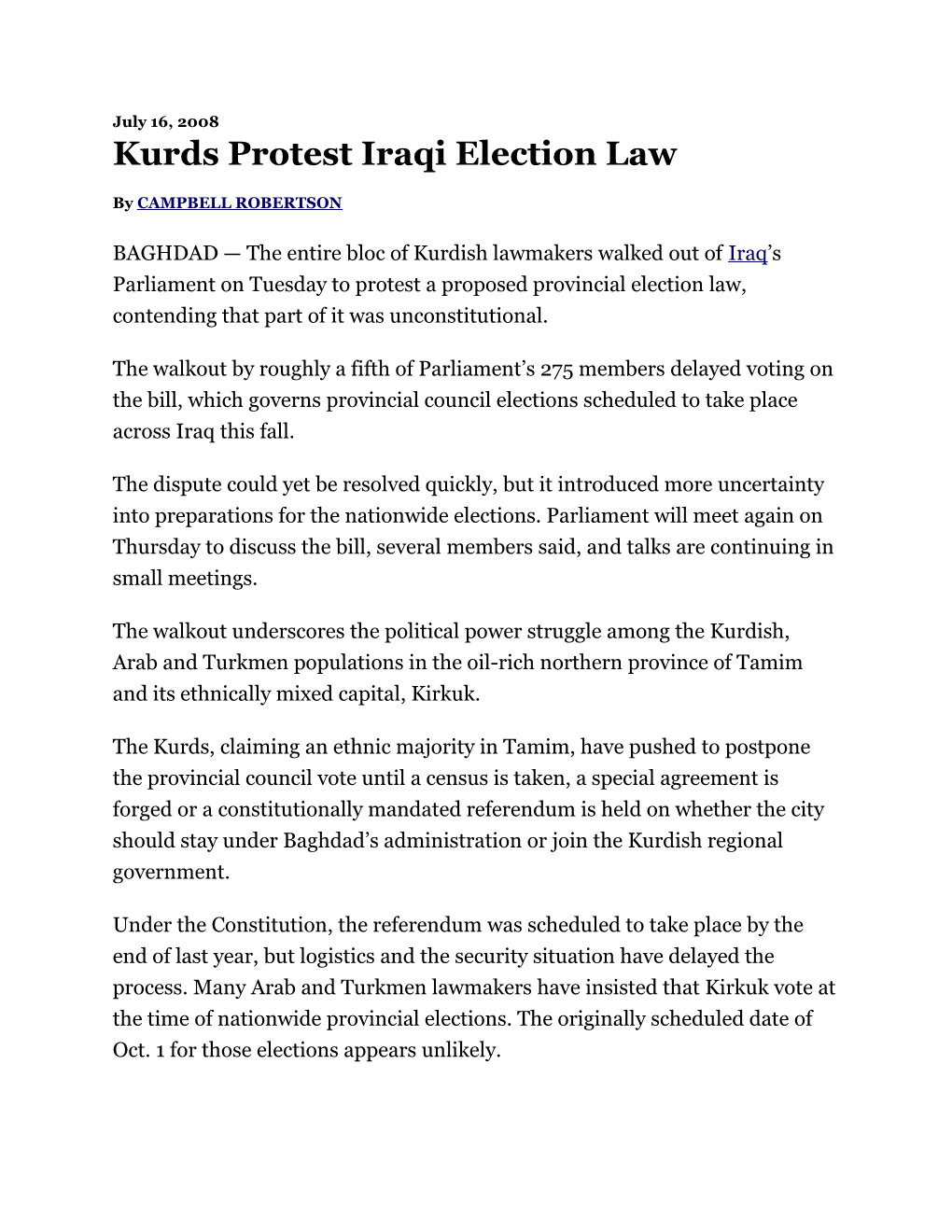 Kurds Protest Iraqi Election Law