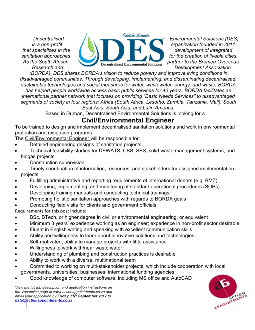 Based in Durban, Decentralised Environmental Solutions Is Looking for A