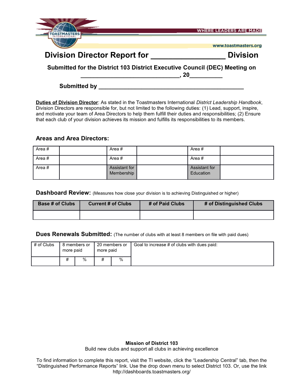 Division Director Report for ______Division
