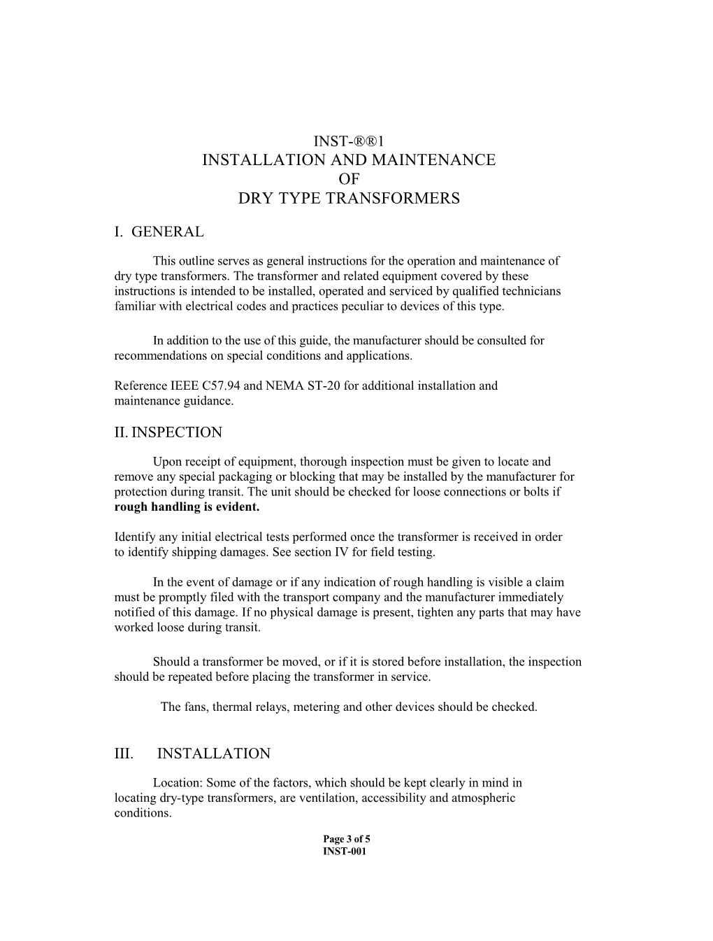 Inst- 1 Installation and Maintenance of Dry Type Transformers