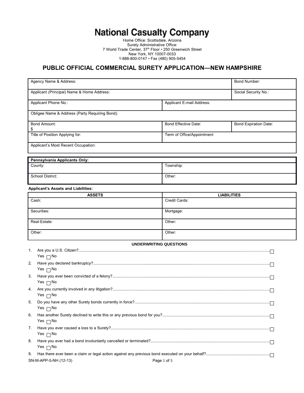 Public Official Commercial Surety Application - New Hampshire