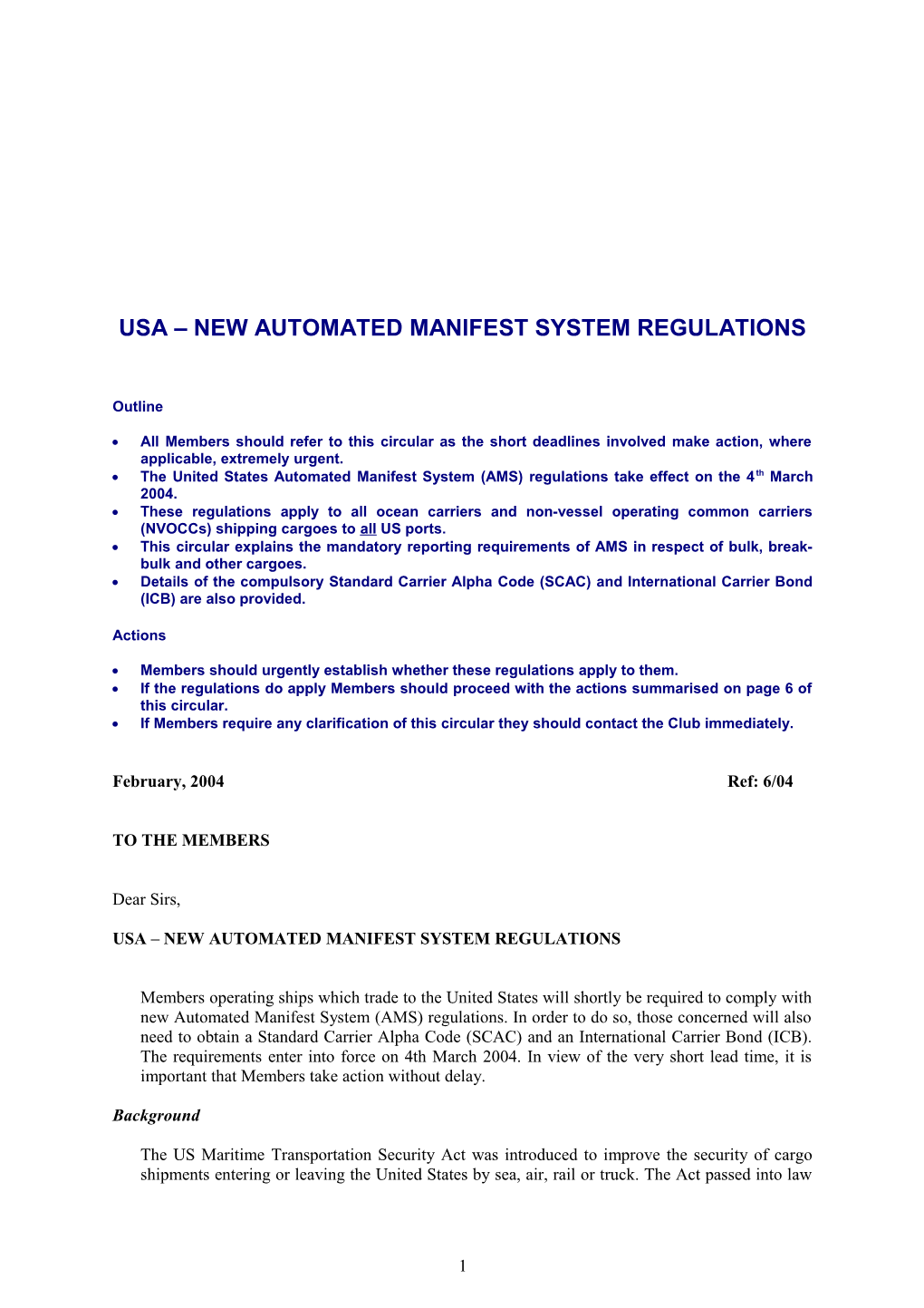 Usa New Automated Manifest System Regulations
