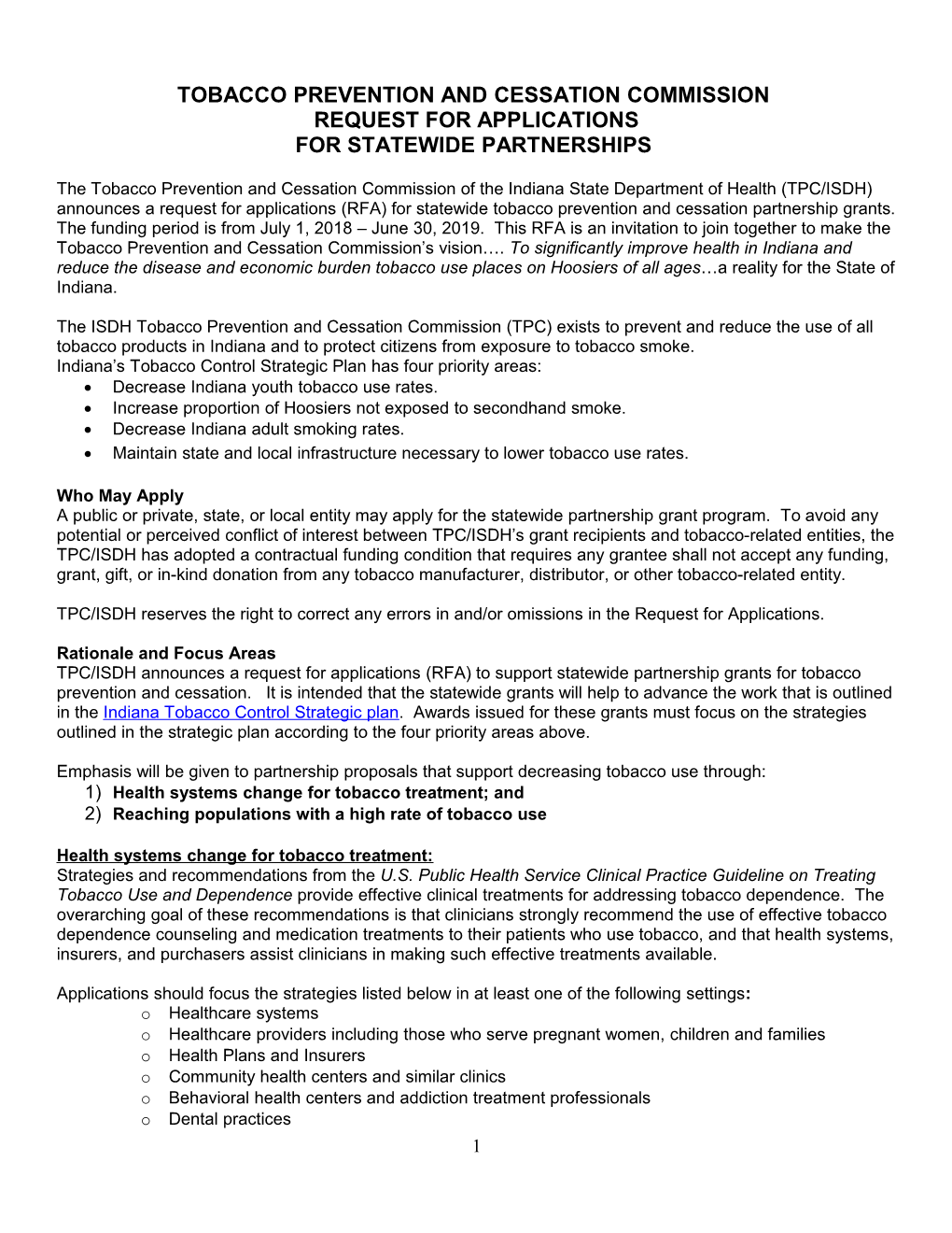 Tobacco Prevention and Cessation Commission Request for Applications for Statewide Partnerships