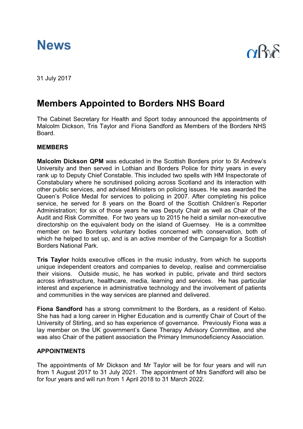 Membersappointed to Borders NHS Board