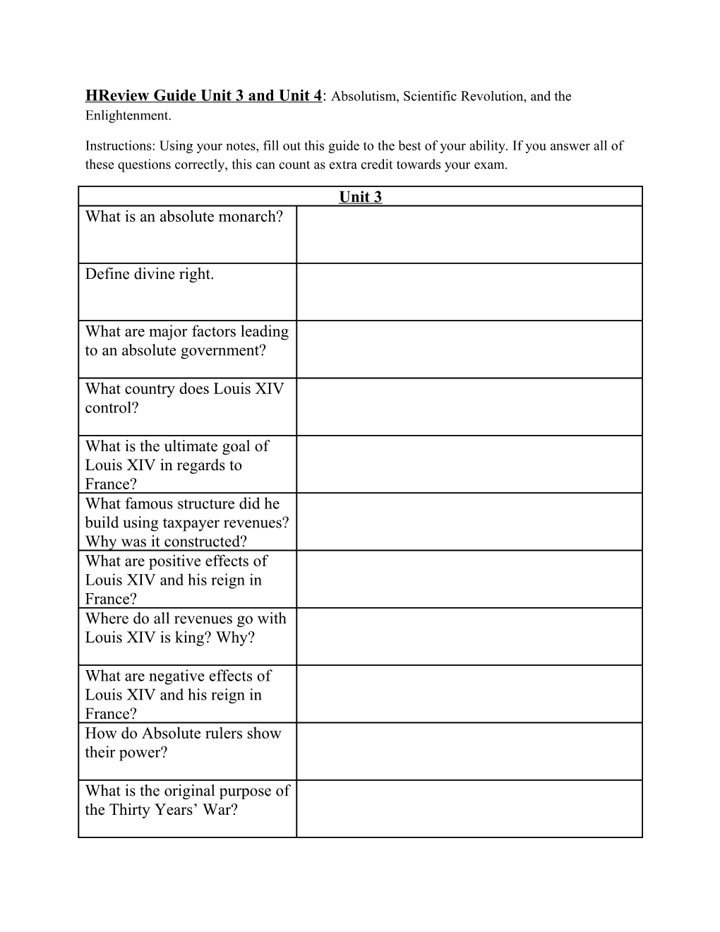 Hreview Guide Unit 3 and Unit 4 : Absolutism, Scientific Revolution, and the Enlightenment