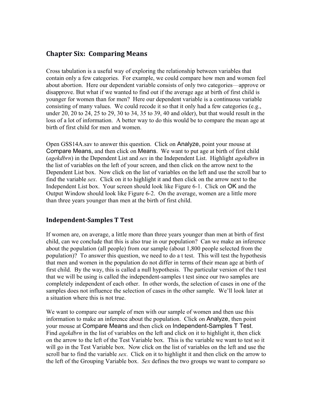 Chapter Six: Comparing Means