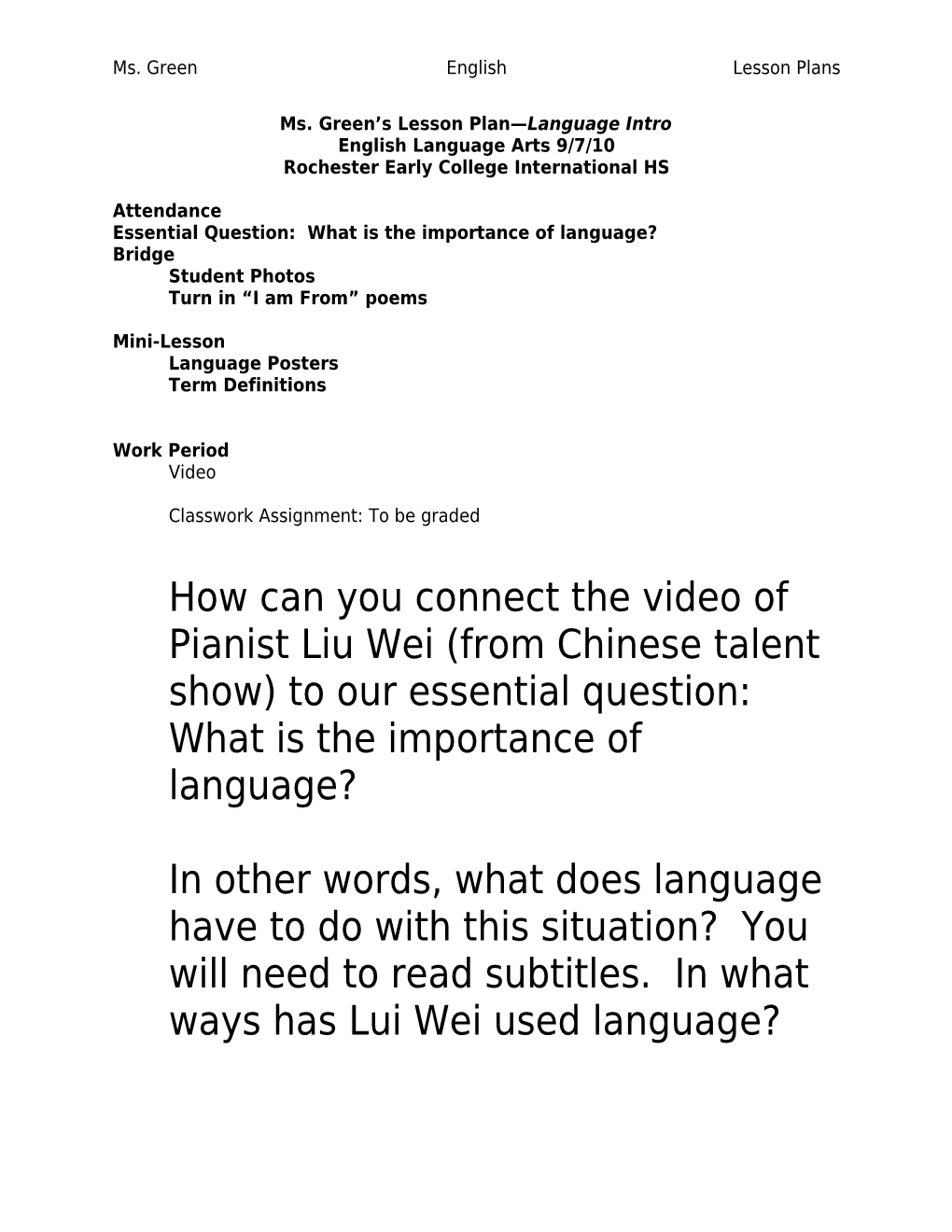 Ms. Green S Lesson Plan Language Intro