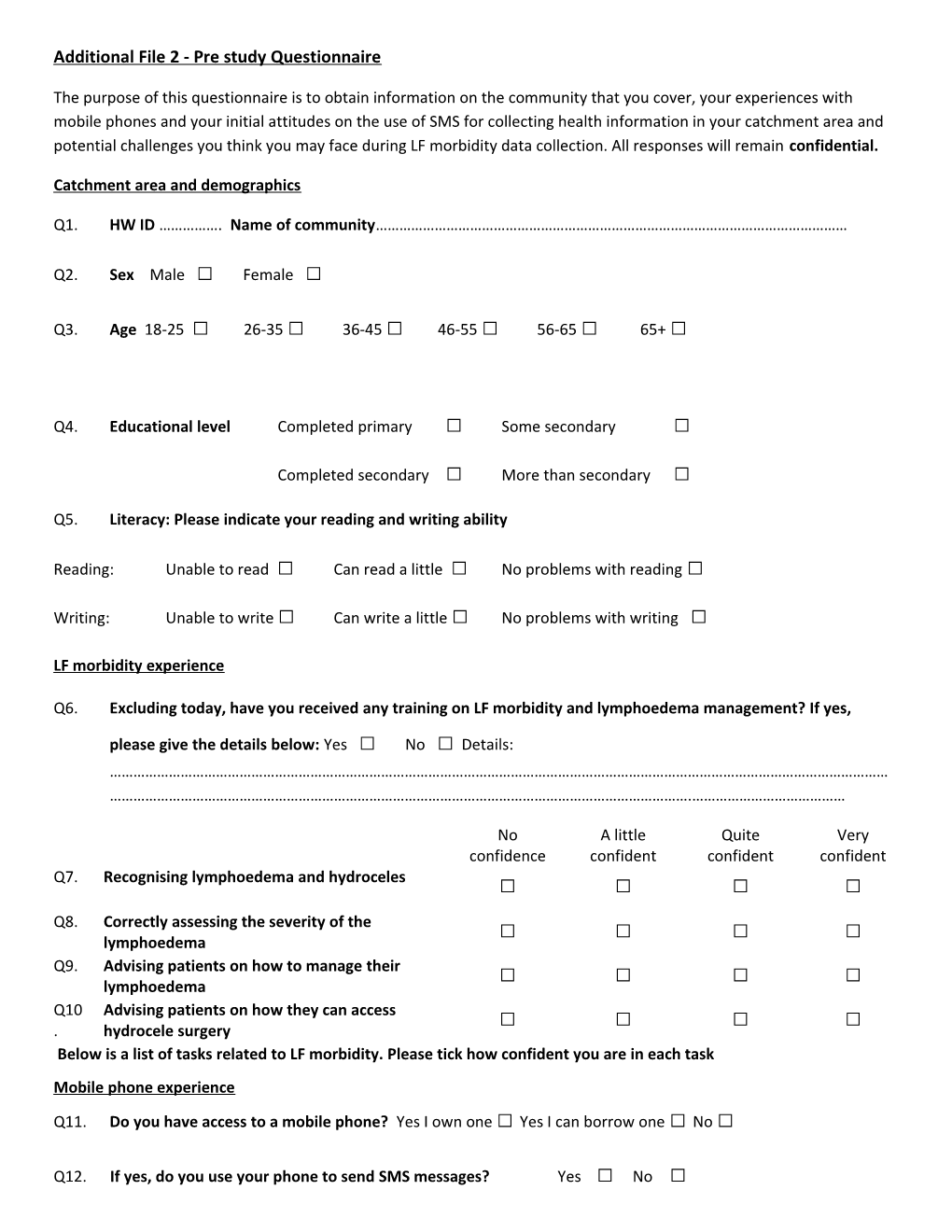 Additional File 2 - Pre Study Questionnaire