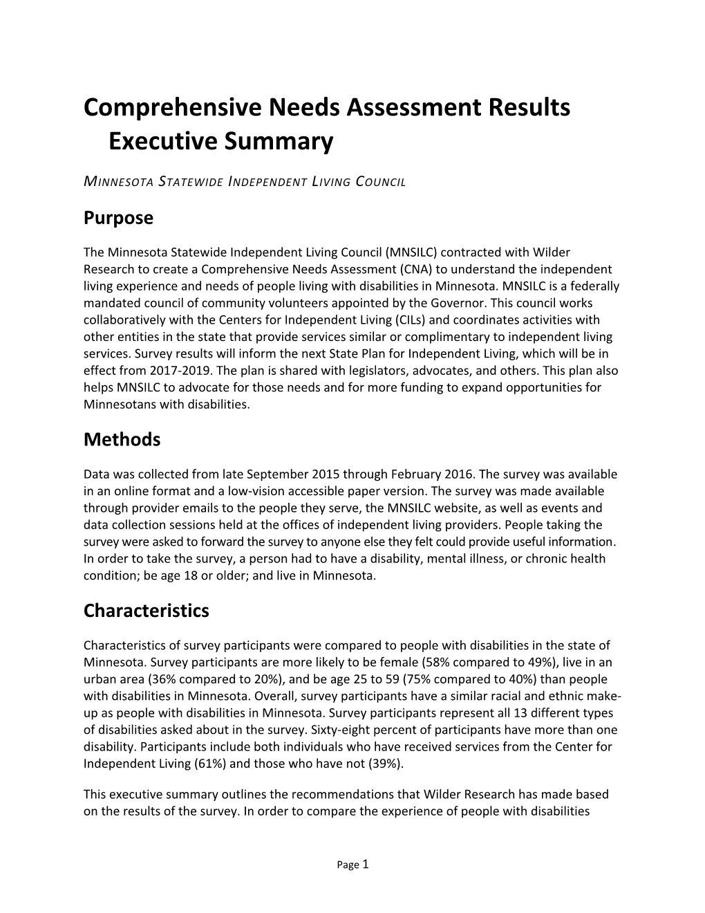 Comprehensive Needs Assessment Results Executive Summary