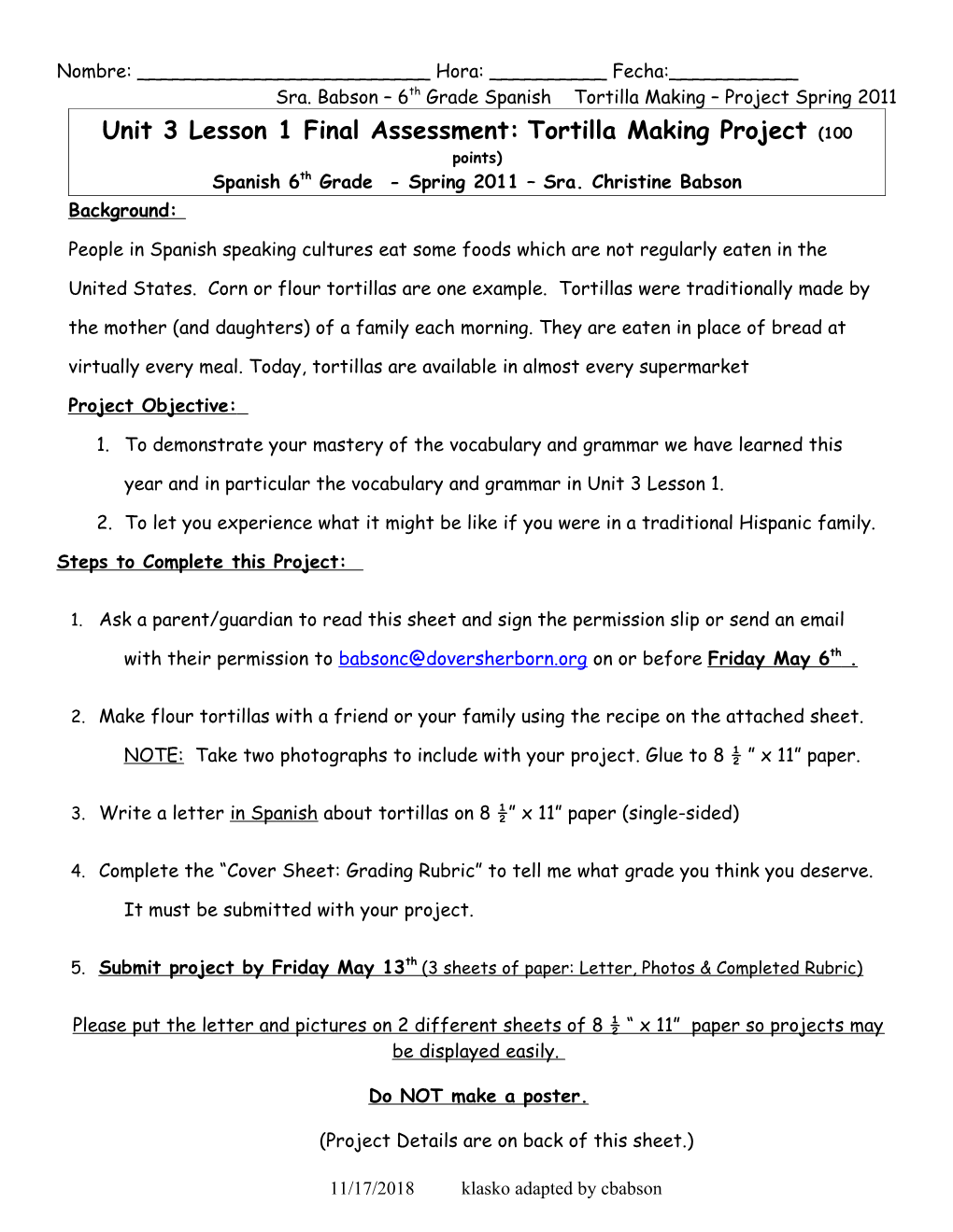 Unit 3 Lesson 1 Final Assessment:Tortilla Making Project (100 Points)