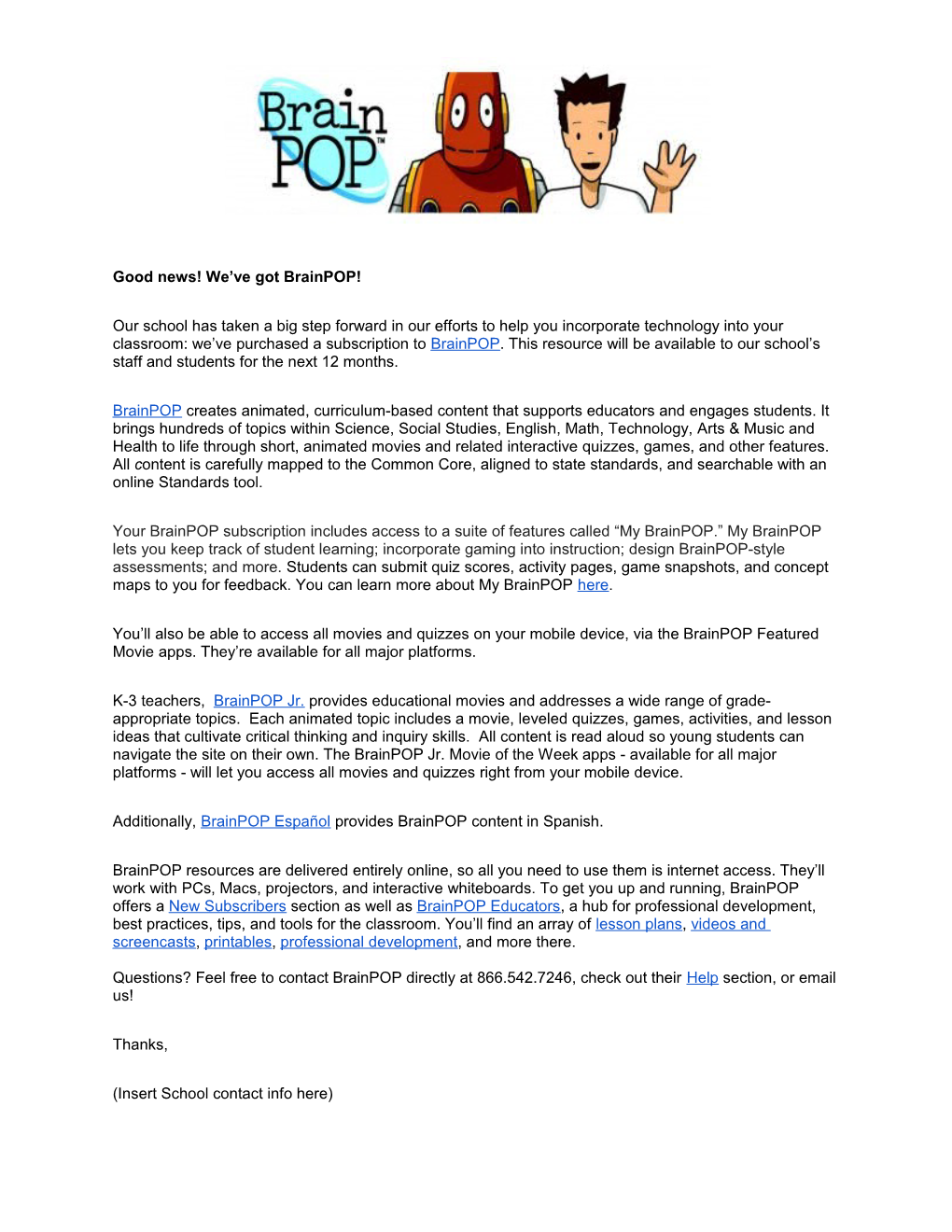 Brainpop Letter to Staff (Support Resource)