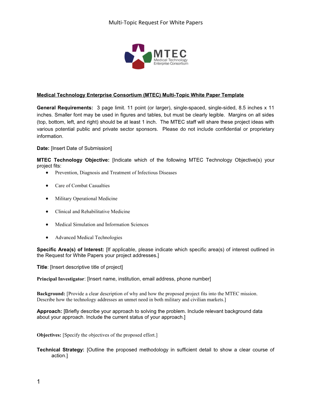 Medical Technology Enterprise Consortium (MTEC) Multi-Topic White Papertemplate