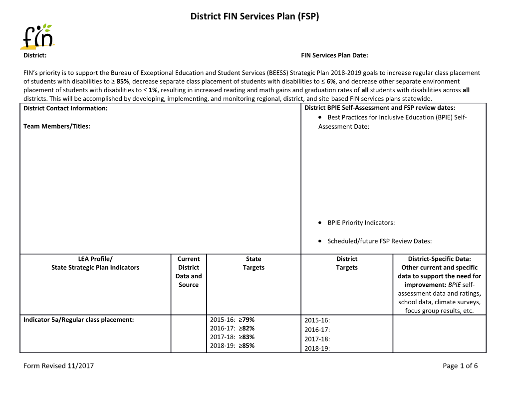 District FIN Services Plan (FSP)