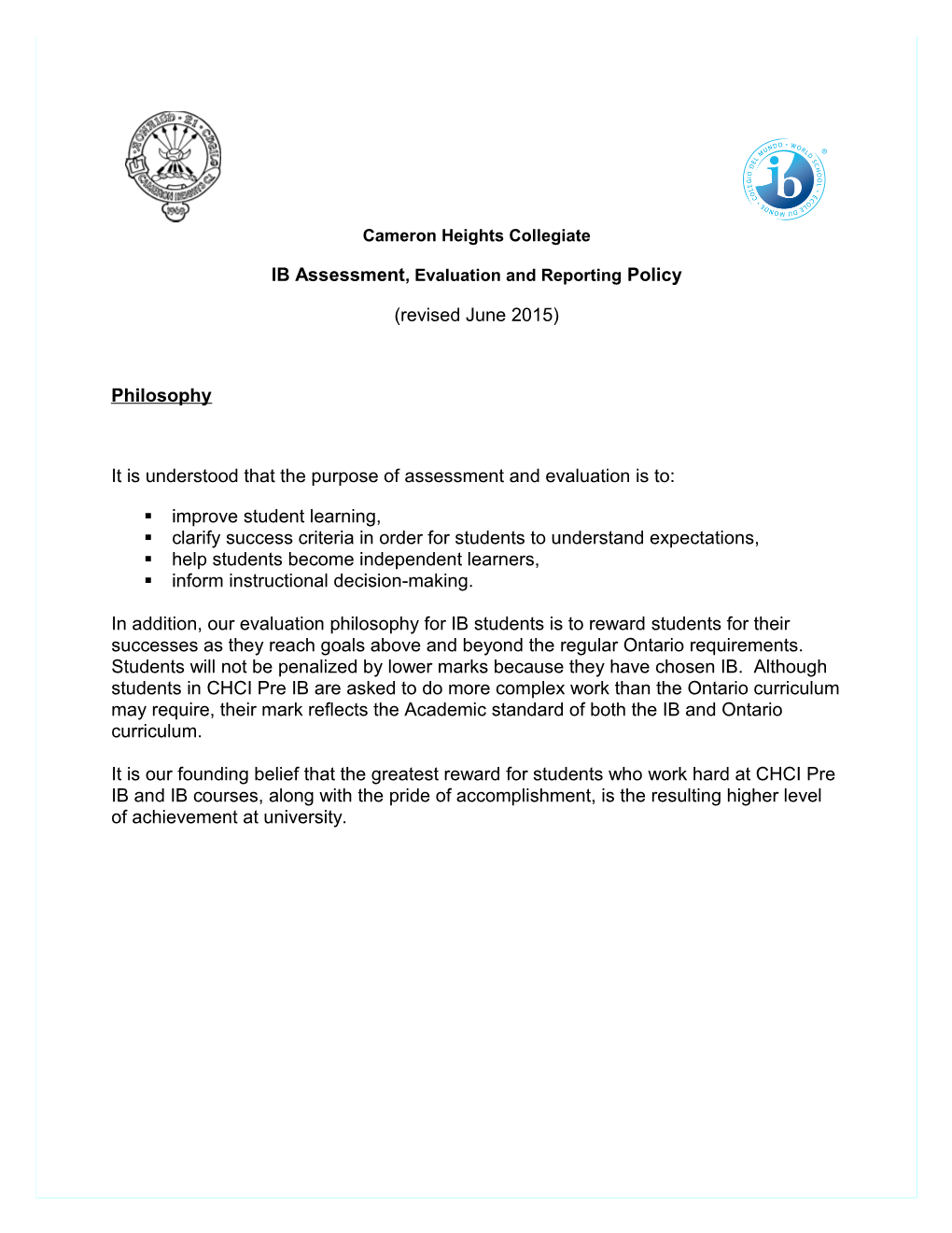 IB Assessment, Evaluation and Reporting Policy