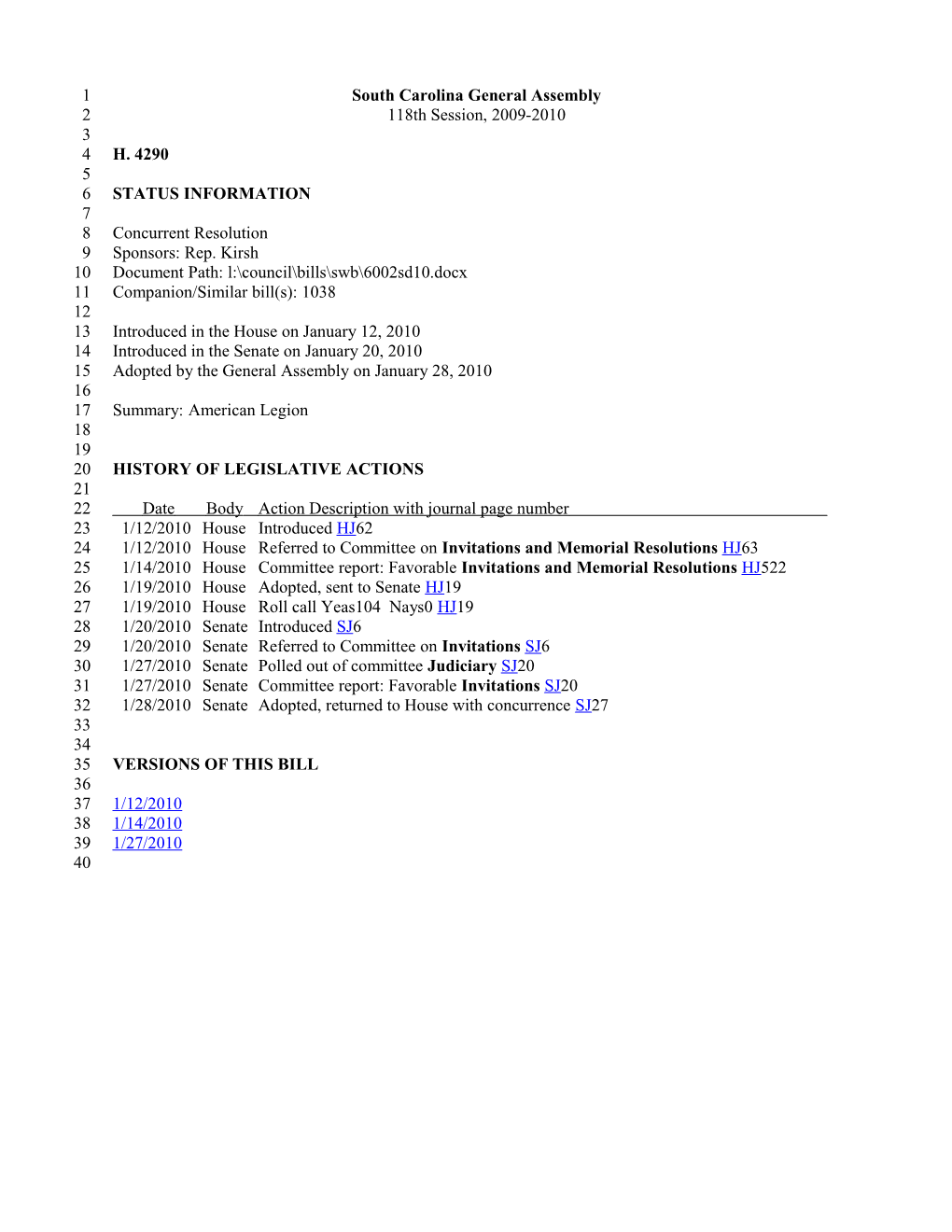 2009-2010 Bill 4290: American Legion - South Carolina Legislature Online