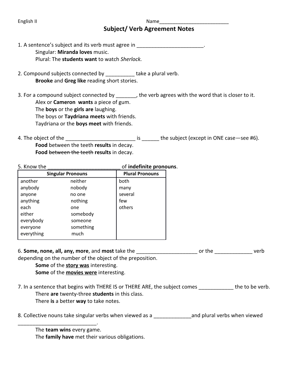 Subject/ Verb Agreement Notes