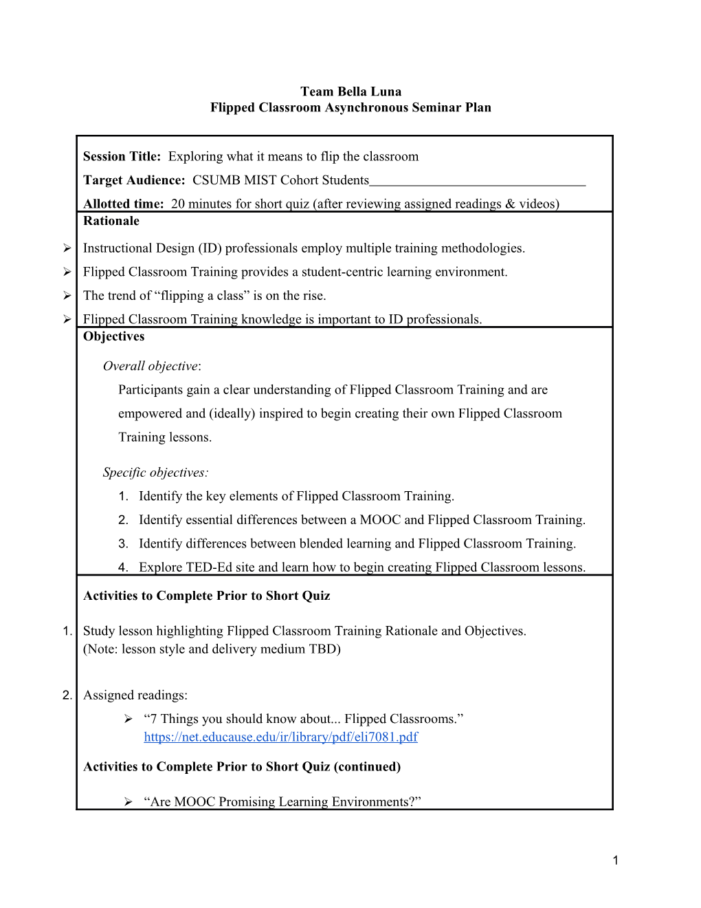 Flipped Classroom Asynchronous Seminar Plan