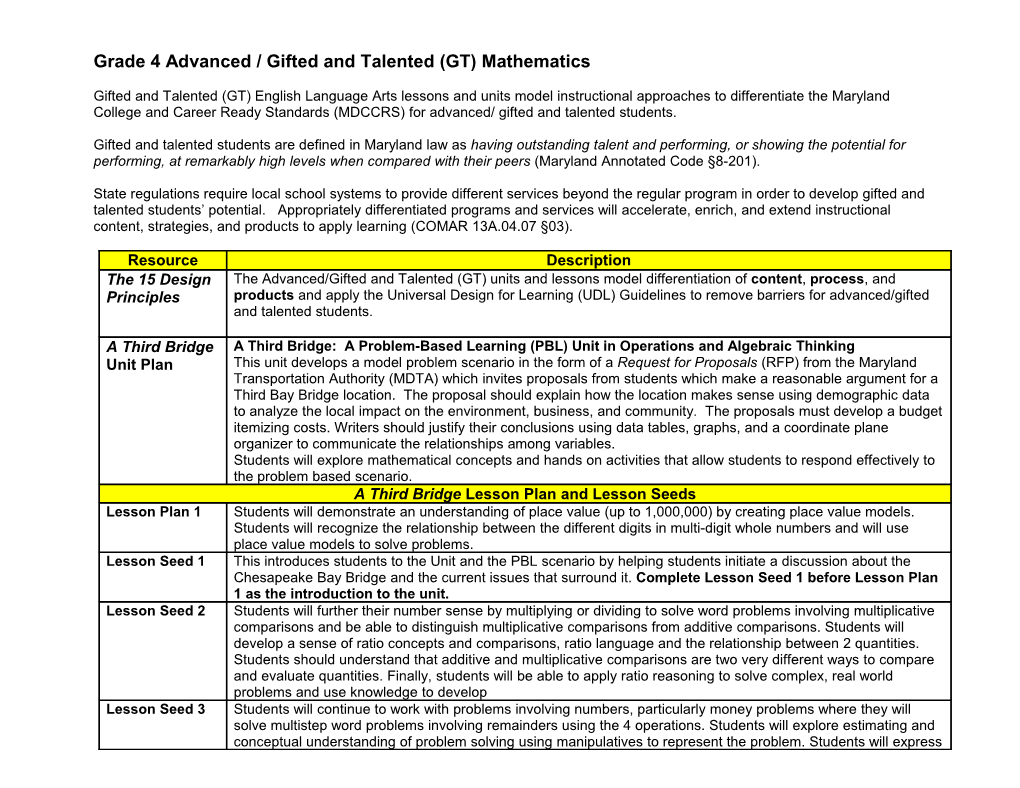 Grade 4Advanced/Gifted and Talented (GT) Mathematics