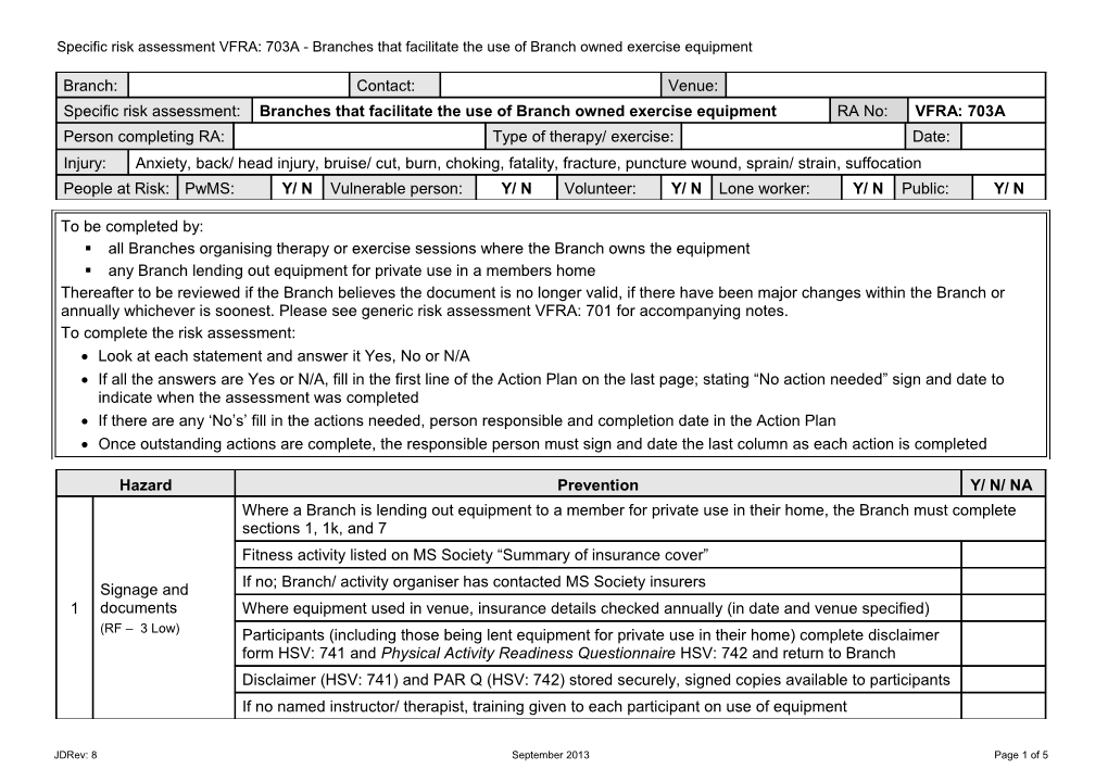 Specific Risk Assessment VFRA: 703A - Branches That Facilitate the Use Ofbranch Owned Exercise