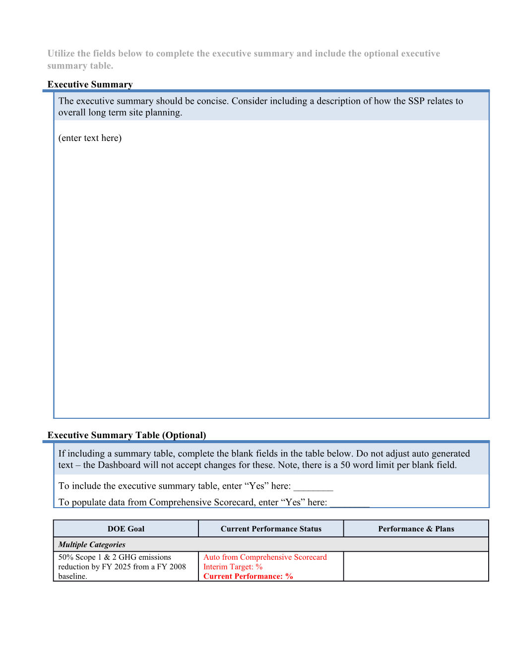 Utilize the Fields Below to Complete the Executive Summary and Include the Optional Executive