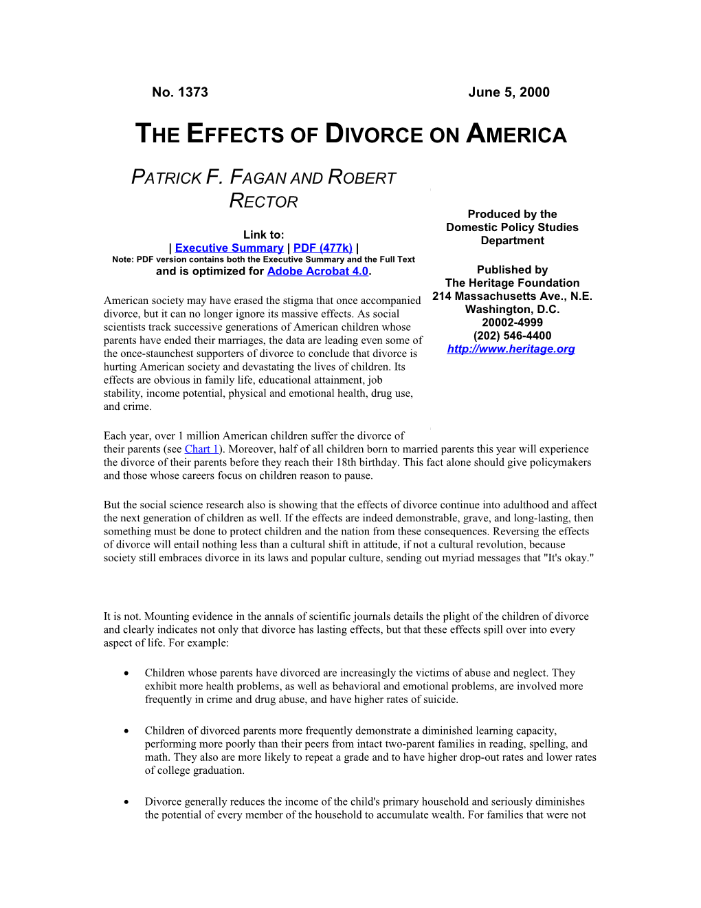The Effects of Divorce on America