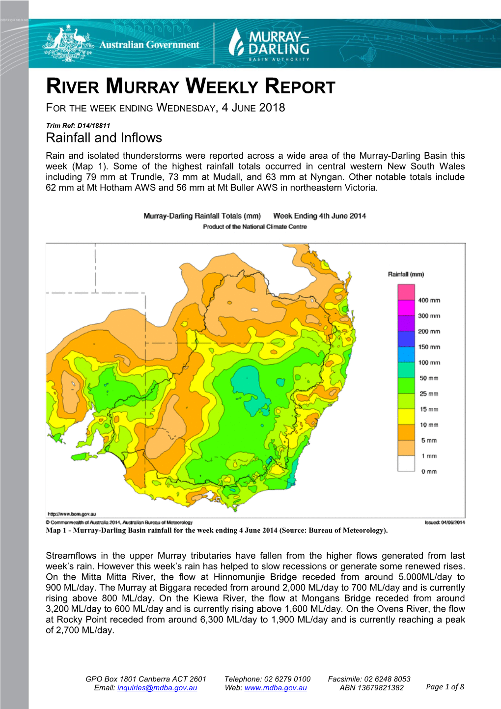 River Murray Operations Weekly Report 4 June 2014