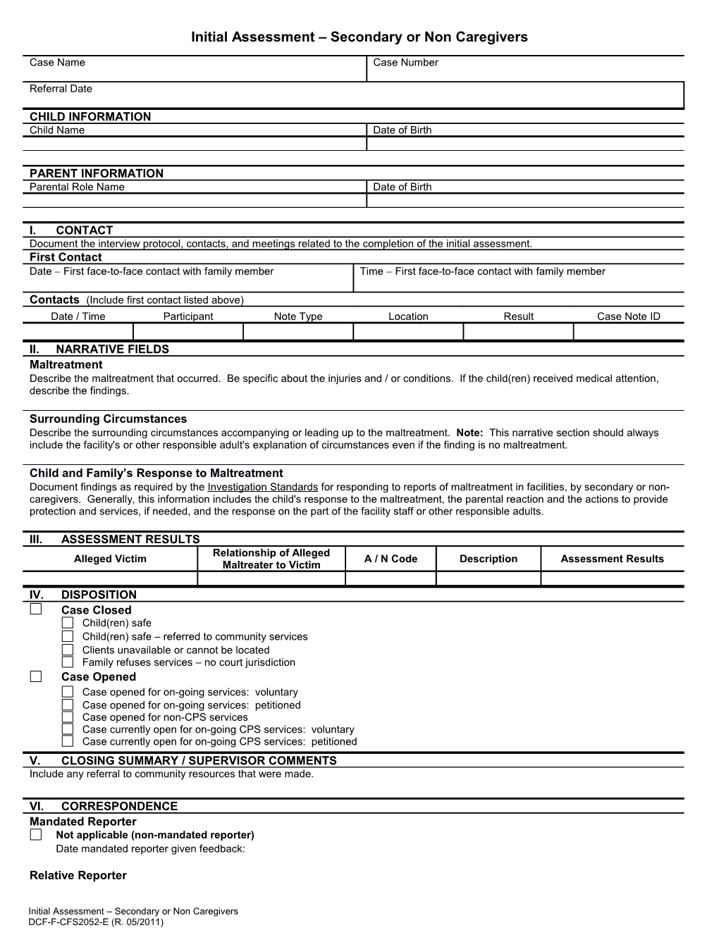 Initial Assessment - Secondary Or Non Caregivers, DCF-F (CFS-2052)