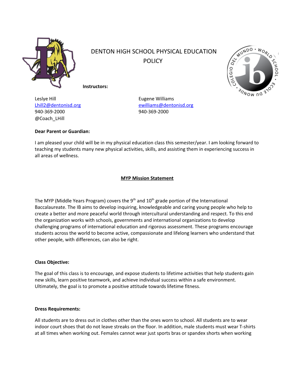 Denton High School Physical Education Policy