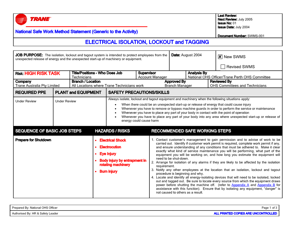 JOB TITLE (And Number If Applicable): Electrical Isolation