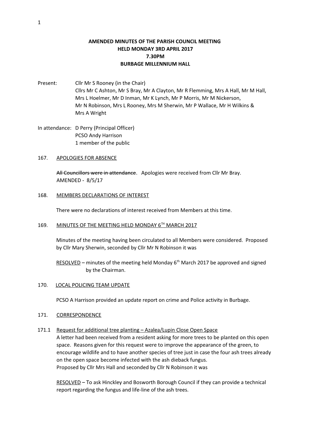Amended Minutes of the Parish Council Meeting