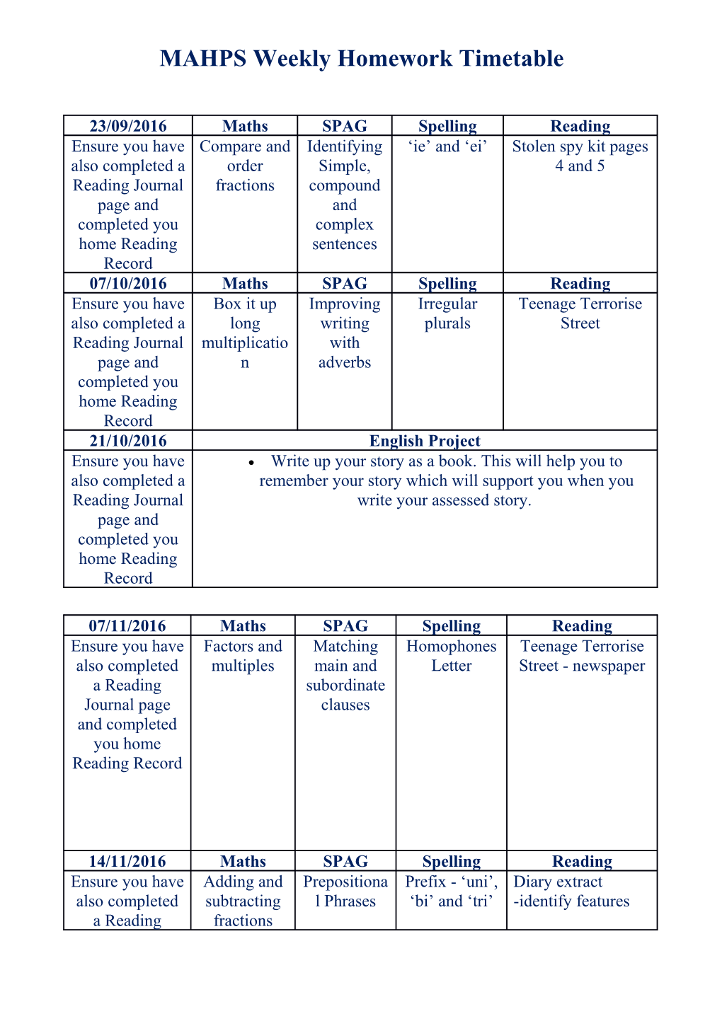 MAHPS Weekly Homework Timetable