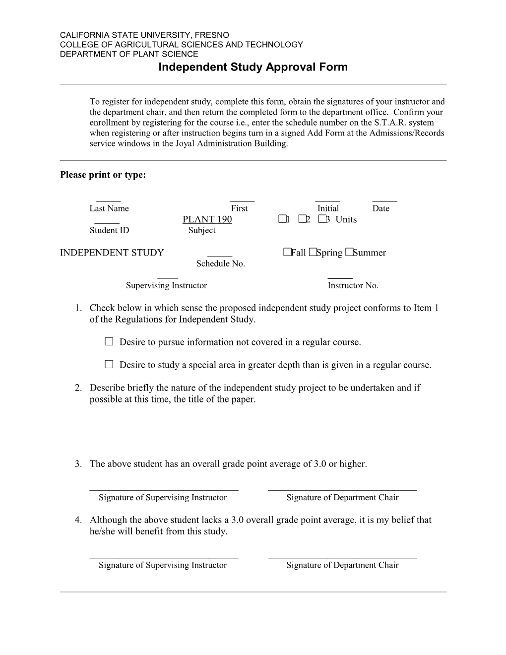 Independent Study Approval Form