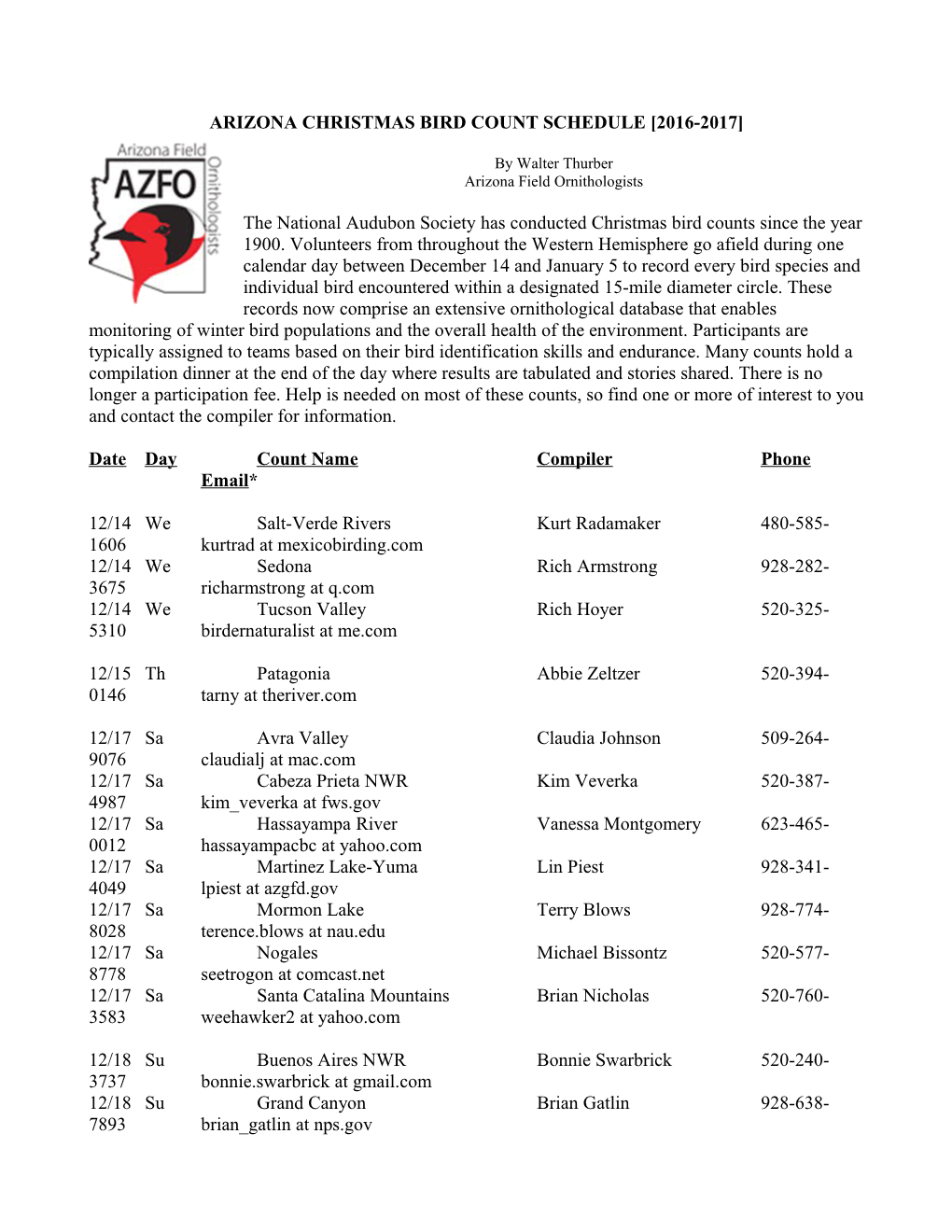 Arizonachristmas Bird Count Schedule 2016-2017
