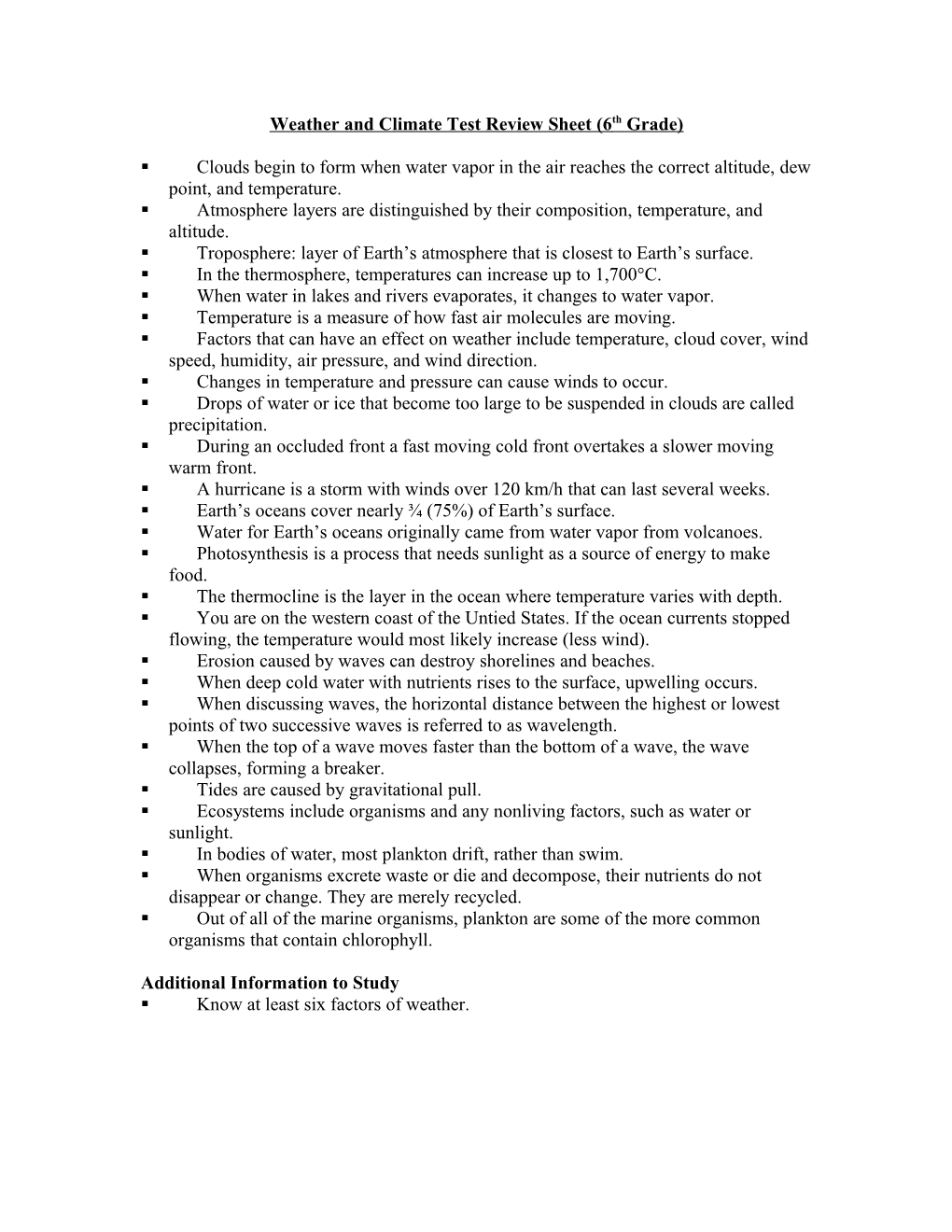 Weather and Climate Test Review Sheet (6Th Grade)