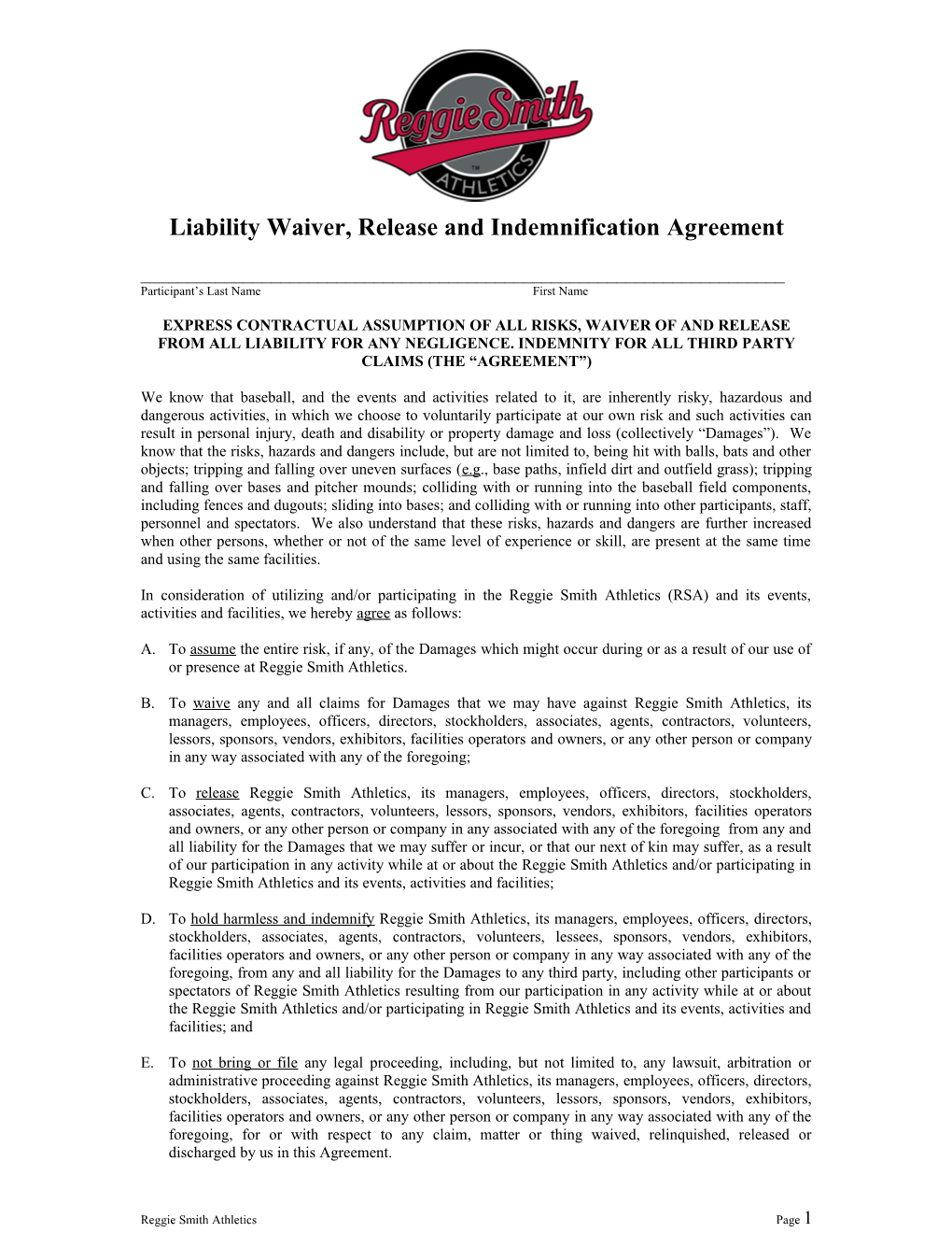 Liability Waiver, Release and Indemnification Agreement
