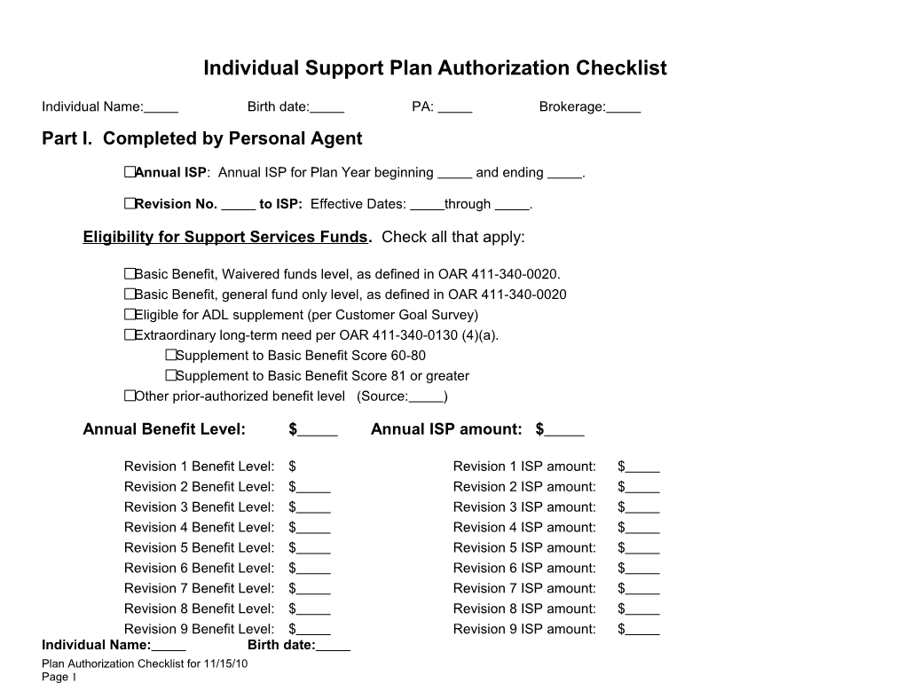 Individual Support Plan Authorization Checklist