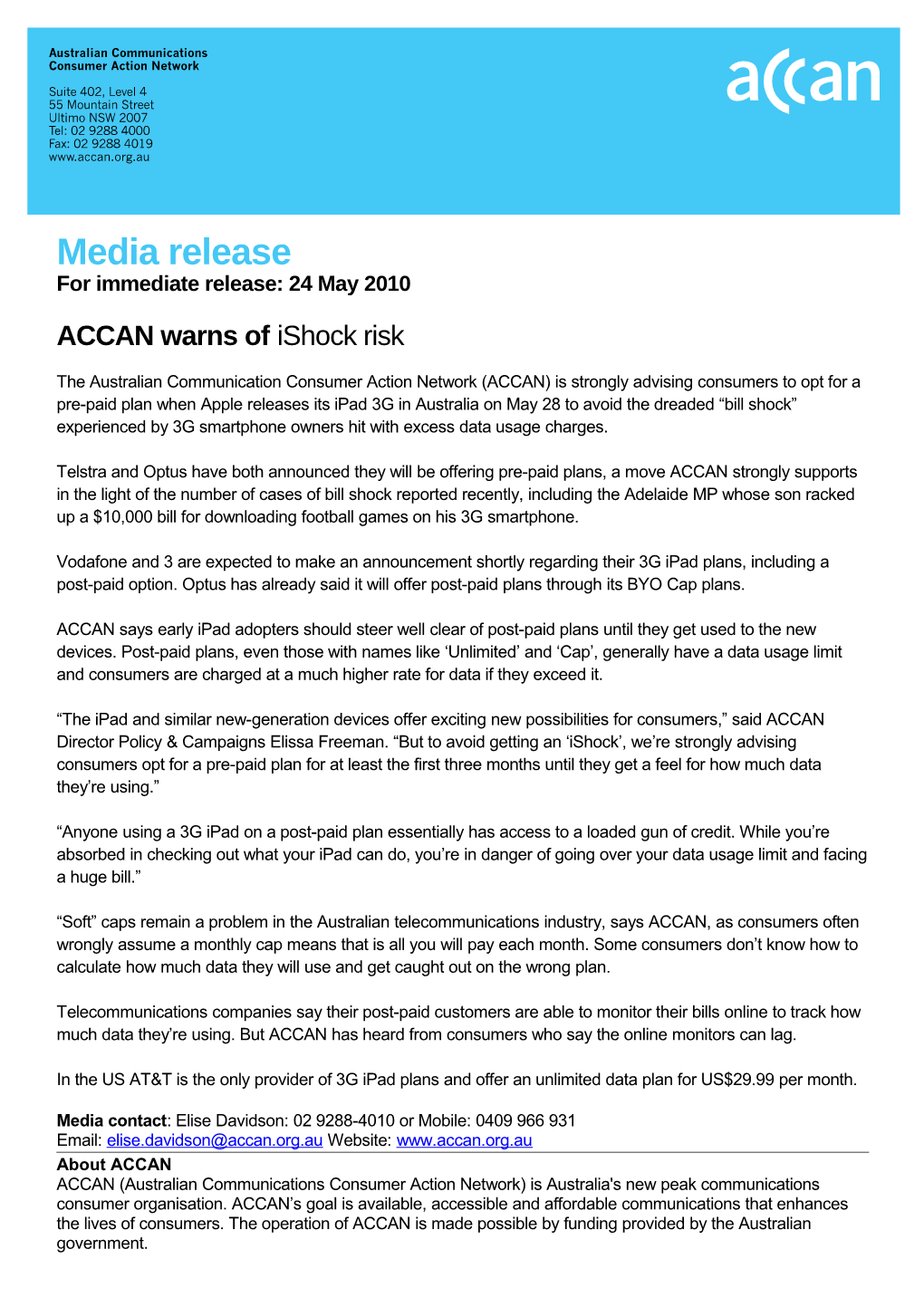 ACCAN Warns Ofishock Risk