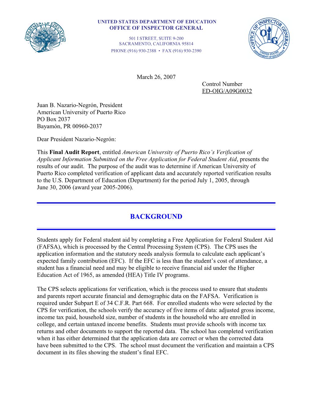 OIG Audit Report: American University of Puerto Rico S Verification of Applicant Information