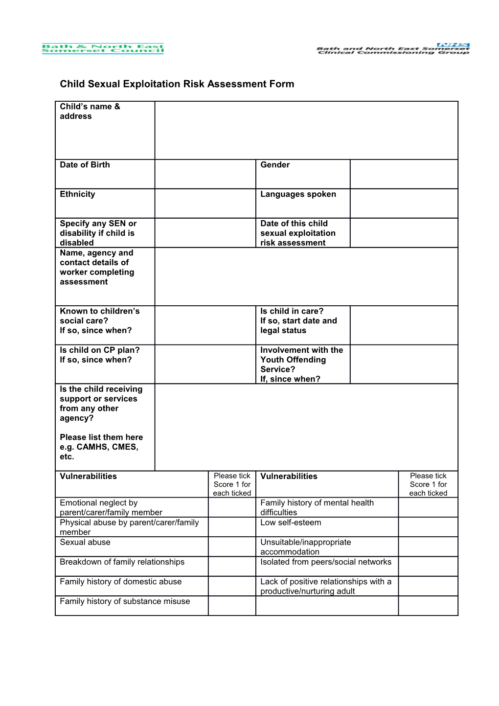 Child Sexual Exploitation Risk Assessment Form