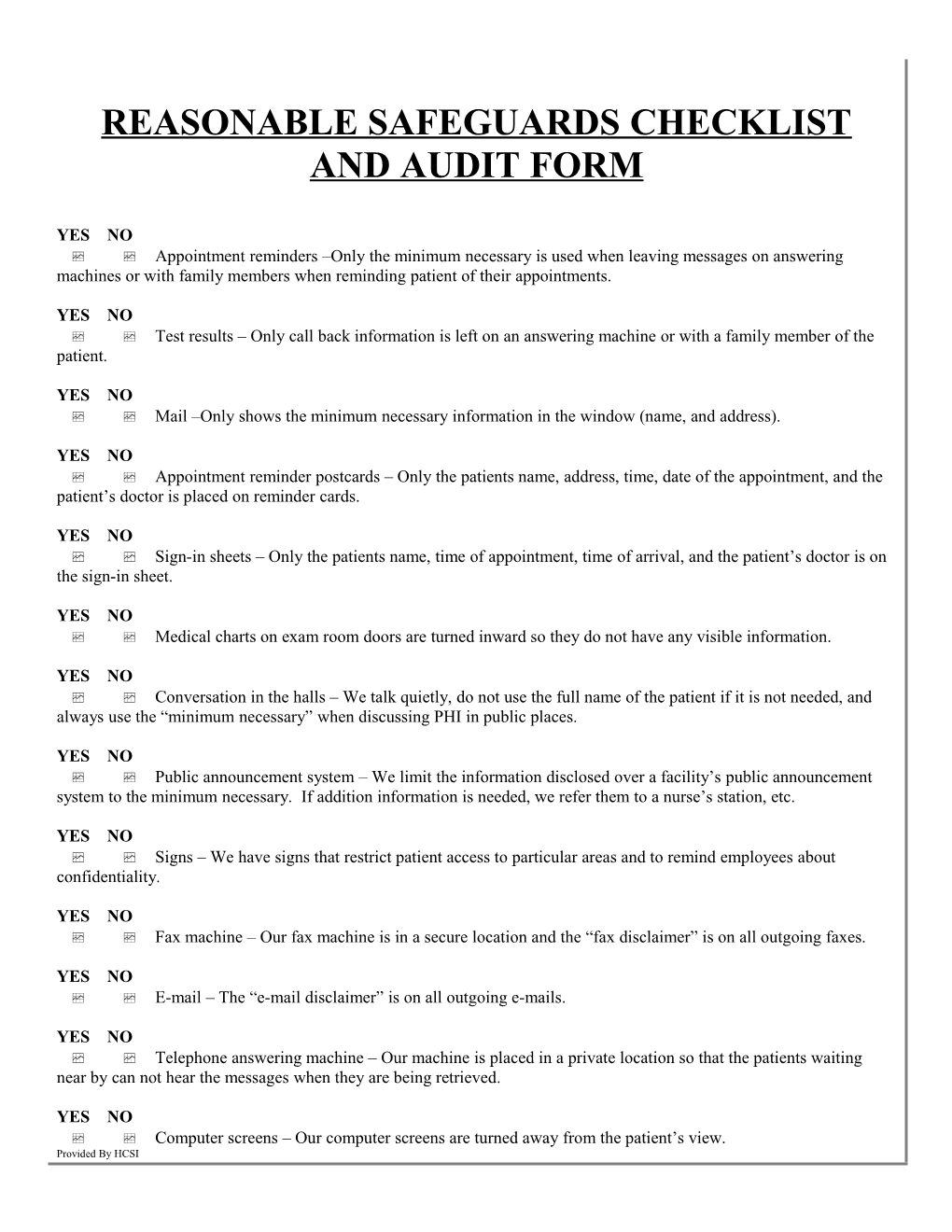 Reasonable Safeguards Checklist and Audit Form