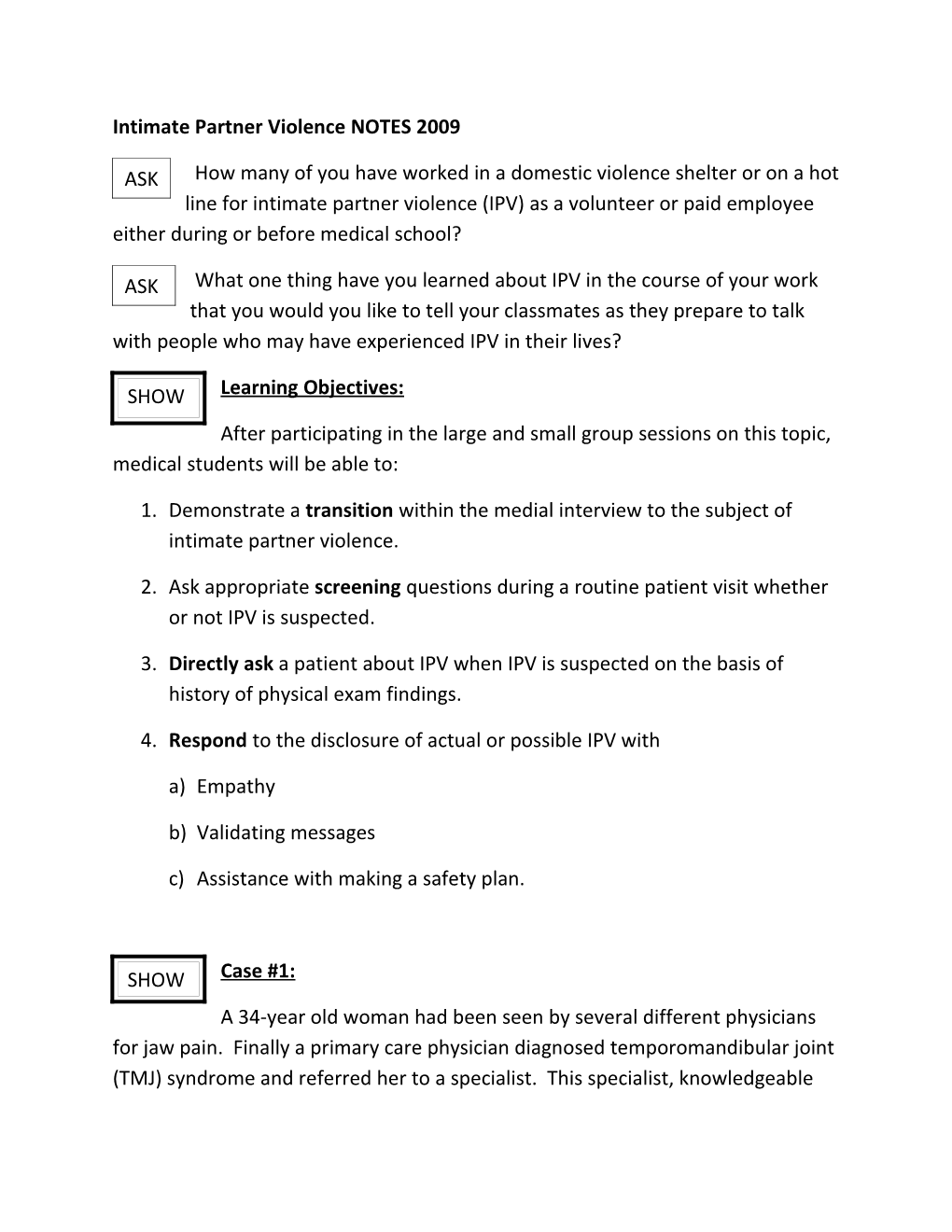 Intimate Partner Violence NOTES 2009