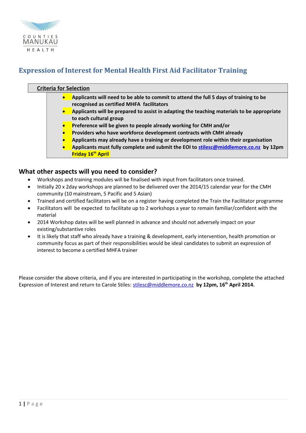 Expression of Interest for Mental Health First Aid Facilitator Training